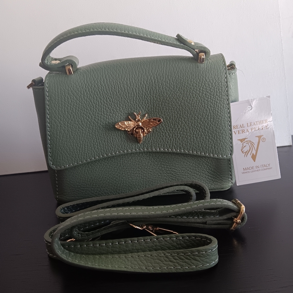 Modarno Real Leather Shoulder Bag Bee Closure In Mint Green Luxury Old Money NWT